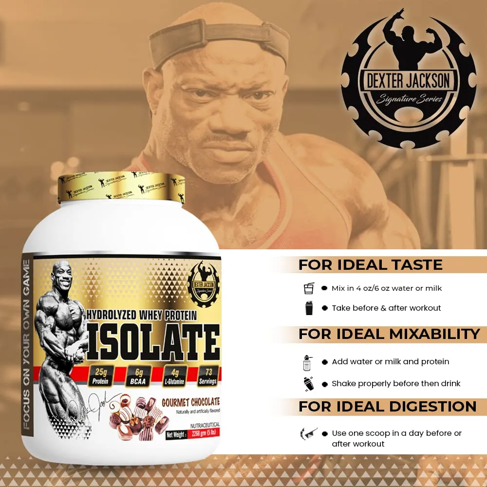 Dexter Jackson Isolate Hydrolyzed Whey Protein 2268g (5 lbs) - 73 Servings | Gourmet Chocolate Flavor - Premium Muscle Support for Optimal Performance and Recovery