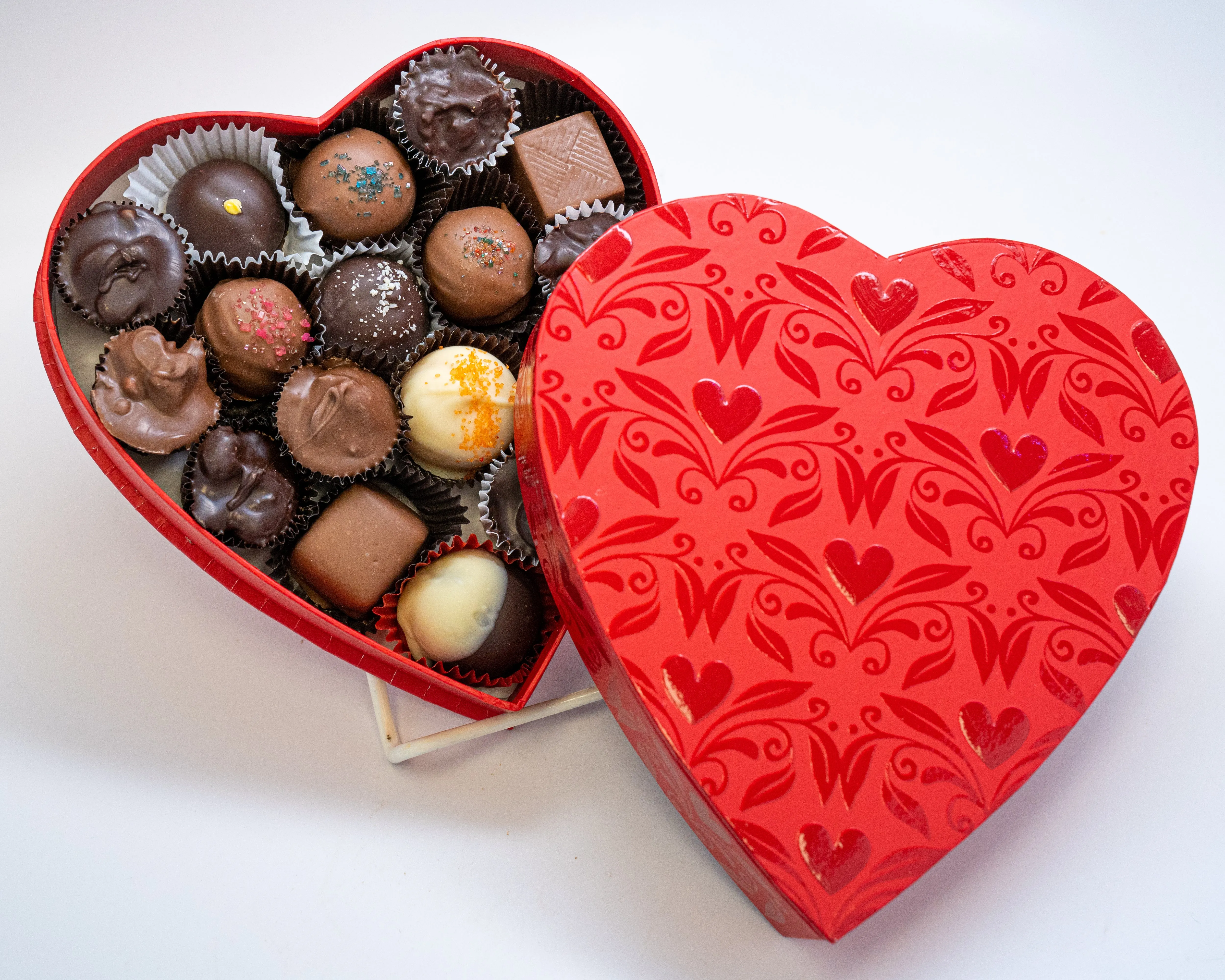 Heart box, shiny red embossed hearts, 8 ounces