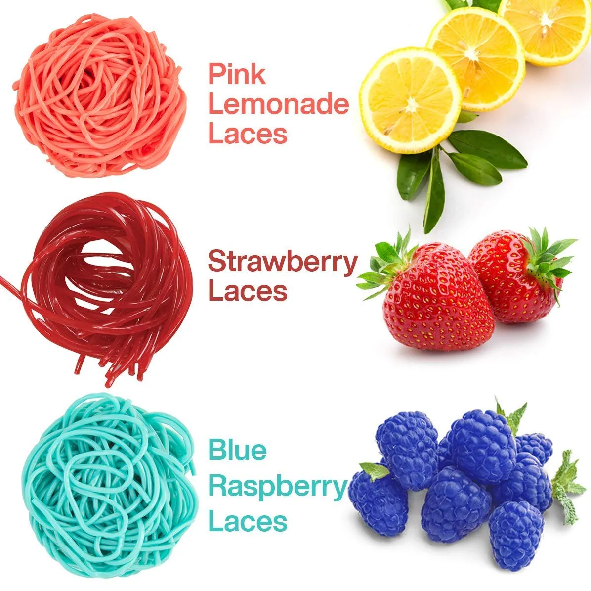 Kicko Licorice Laces Variety Pack - Blue Raspberry, Pink Lemonade, and Strawberry Flavors