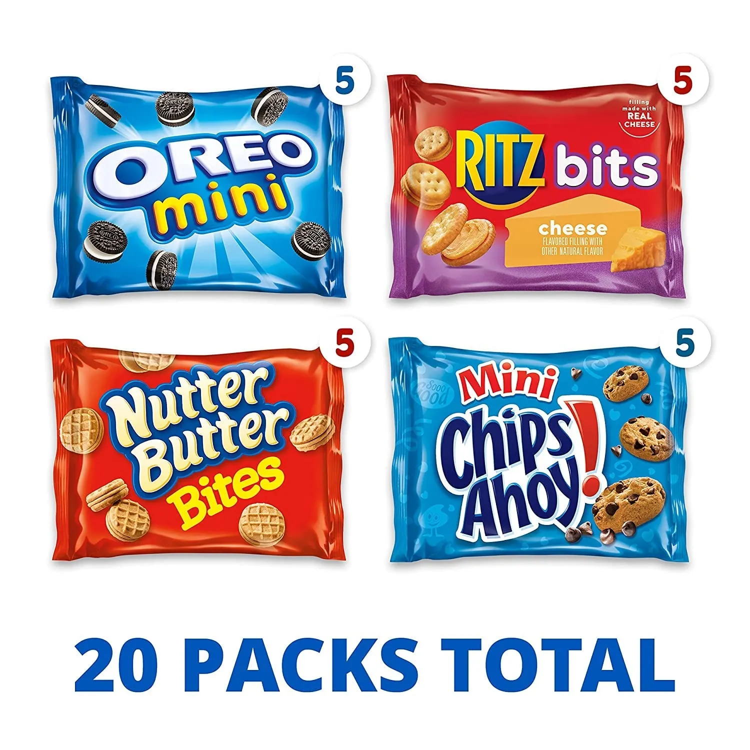 Nabisco Classic Mix Variety Pack, OREO Mini, CHIPS AHOY! Mini, Nutter Butter Bites, RITZ Bits Cheese, School Lunch Box Snacks, 20 - 1 Oz Snack Packs