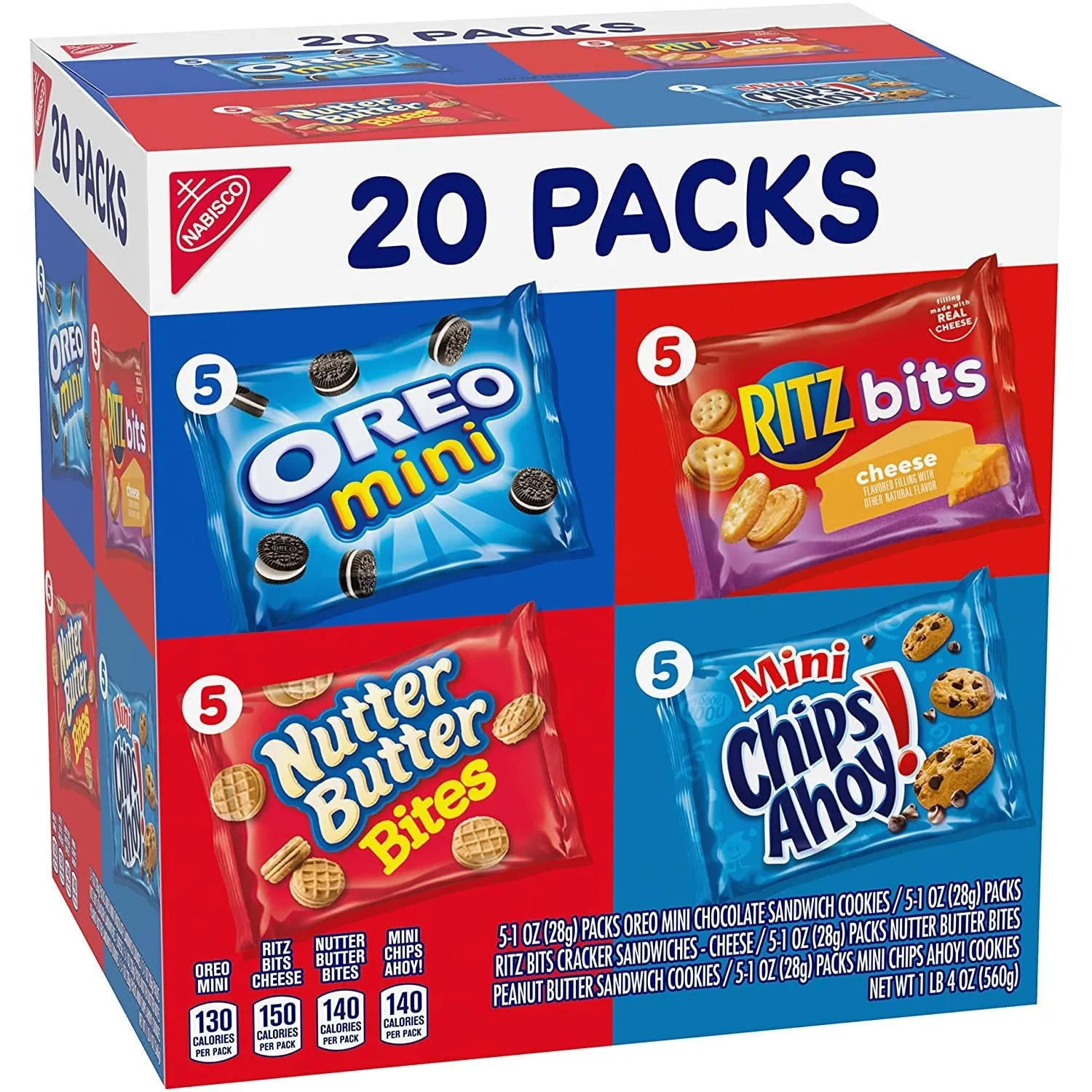 Nabisco Classic Mix Variety Pack, OREO Mini, CHIPS AHOY! Mini, Nutter Butter Bites, RITZ Bits Cheese, School Lunch Box Snacks, 20 - 1 Oz Snack Packs