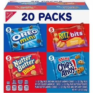 Nabisco Classic Mix Variety Pack, OREO Mini, CHIPS AHOY! Mini, Nutter Butter Bites, RITZ Bits Cheese, School Lunch Box Snacks, 20 - 1 Oz Snack Packs