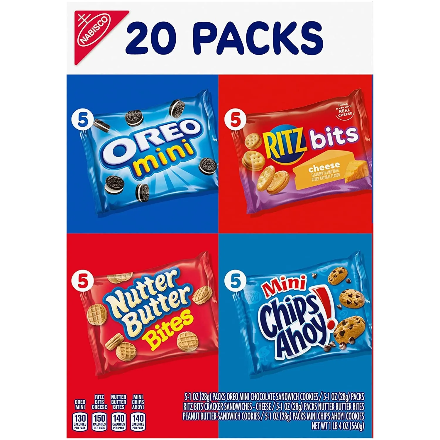 Nabisco Classic Mix Variety Pack, OREO Mini, CHIPS AHOY! Mini, Nutter Butter Bites, RITZ Bits Cheese, School Lunch Box Snacks, 20 - 1 Oz Snack Packs