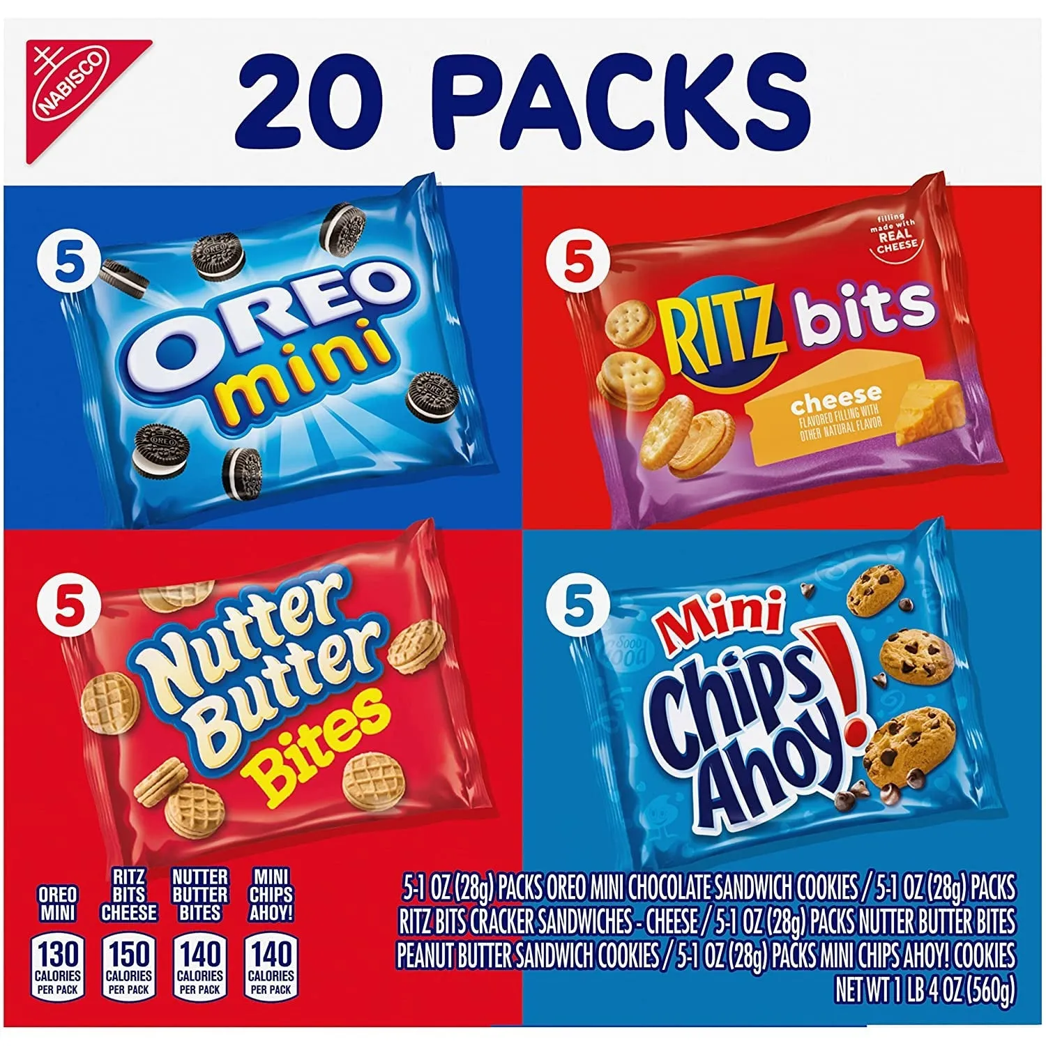 Nabisco Classic Mix Variety Pack, OREO Mini, CHIPS AHOY! Mini, Nutter Butter Bites, RITZ Bits Cheese, School Lunch Box Snacks, 20 - 1 Oz Snack Packs