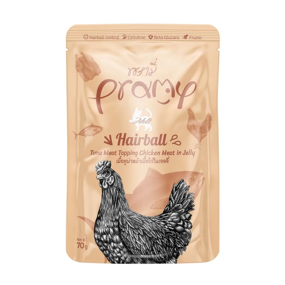 Pramy Cat Adult Hairball Tuna Meat Topping Chicken in Jelly 70g