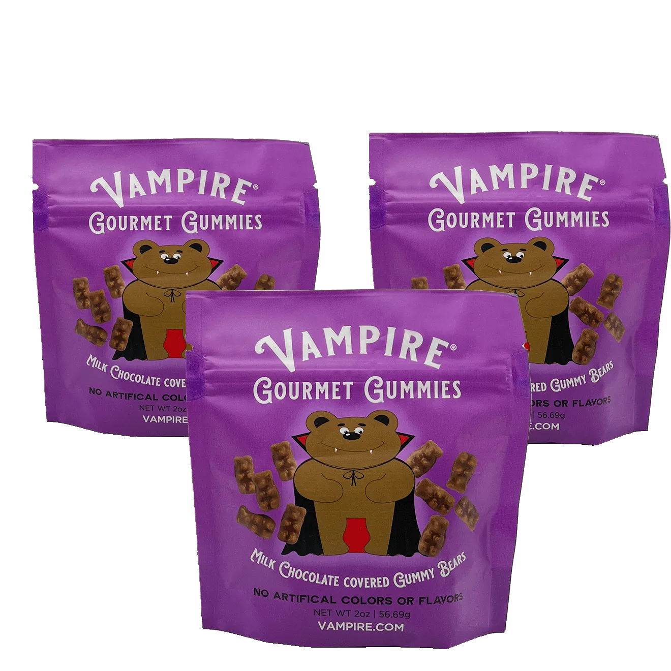 VAMPIRE® GOURMET CHOCOLATE COVERED GUMMY BEARS  THREE PACK - 2 oz. BAGS